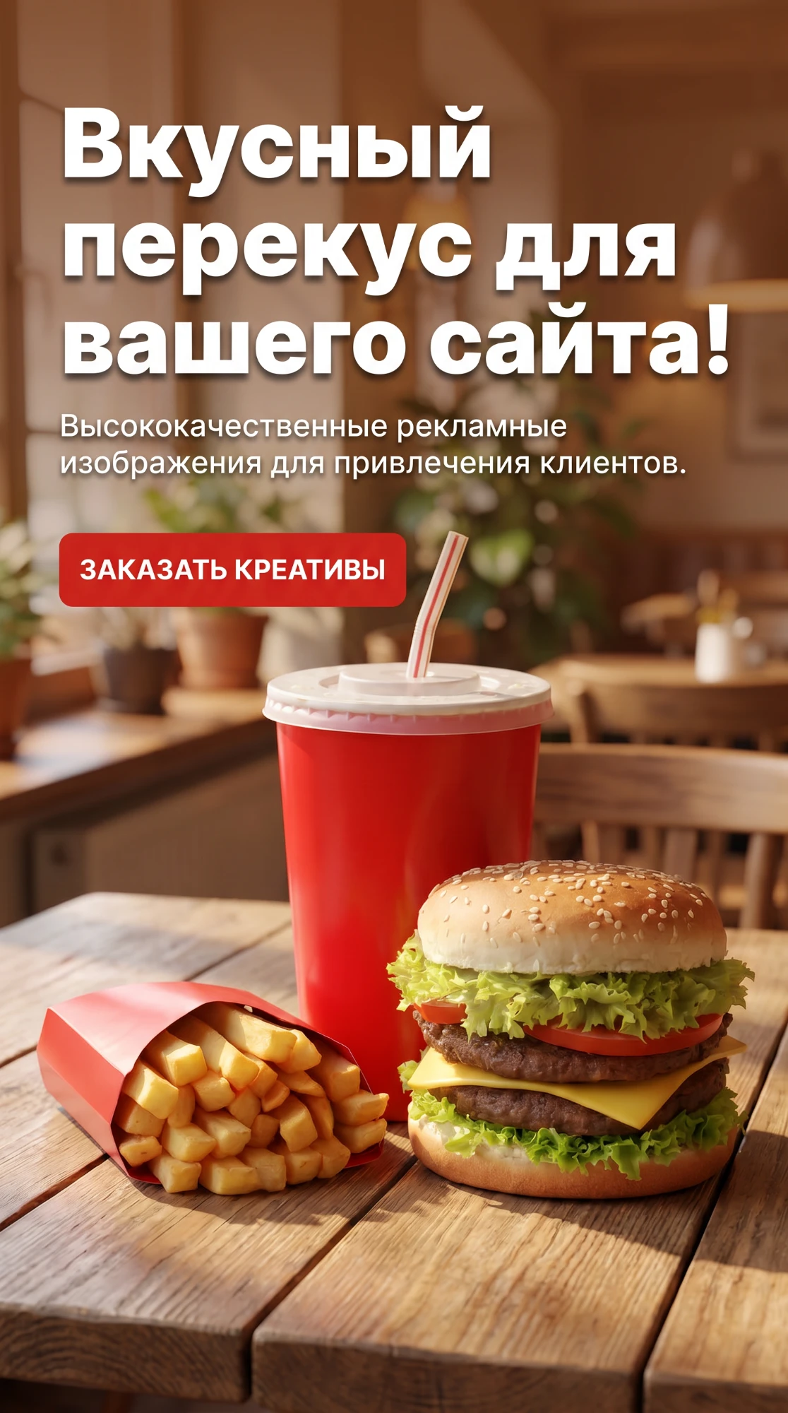 Рекламный креатив — бургер «Вкусный перекус для вашего сайта!»
