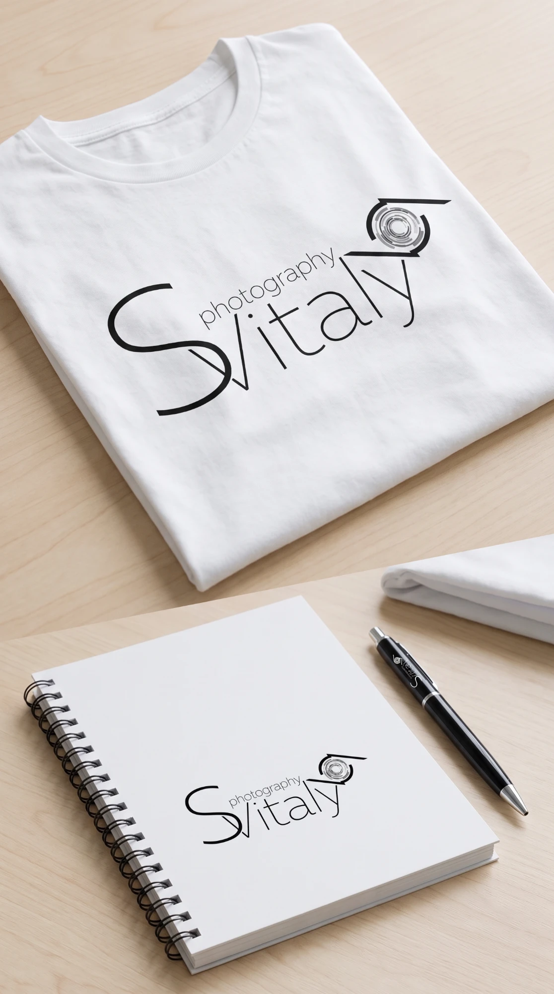 Mockup — логотип Svitaly на футболке и блокноте